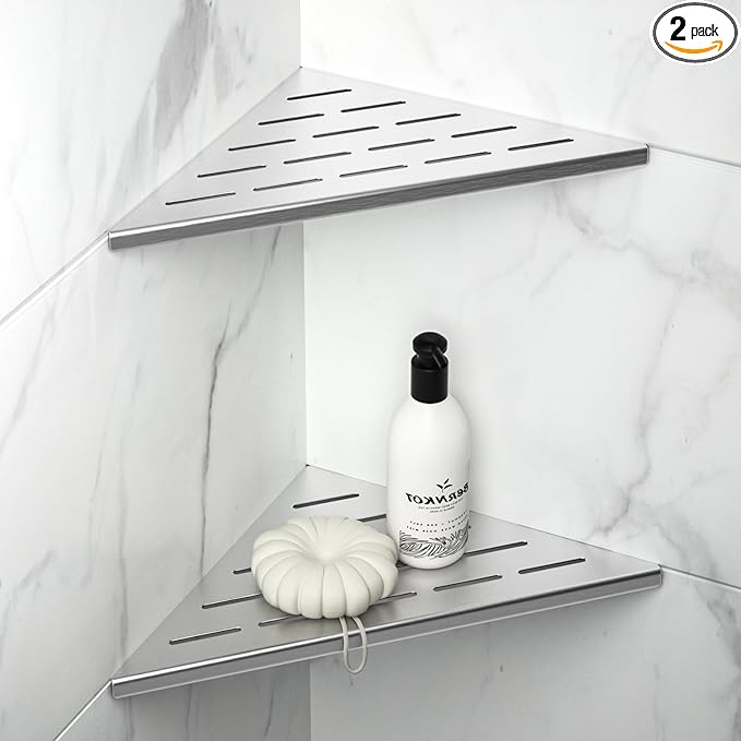 10'' Corner Shower Shelf 2PCS, 304 Stainless Steel Grout in Shelves for Tiled Wall, Recessed Bathroom Shelves (10'', Silver)