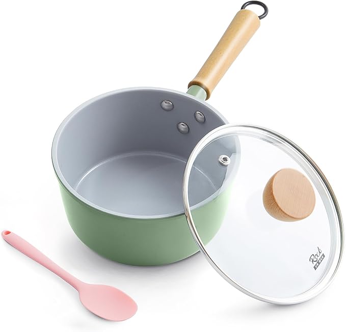 ROCKURWOK Ceramic Nonstick Sauce Pan with Lid, 1.5 Qt Small Pots for Cooking, Small Pot Wooden Handle for Cool Touch, Non Toxic & Pfas-Free Saucepan, Universal Base(Gas, Electric & Induction), White