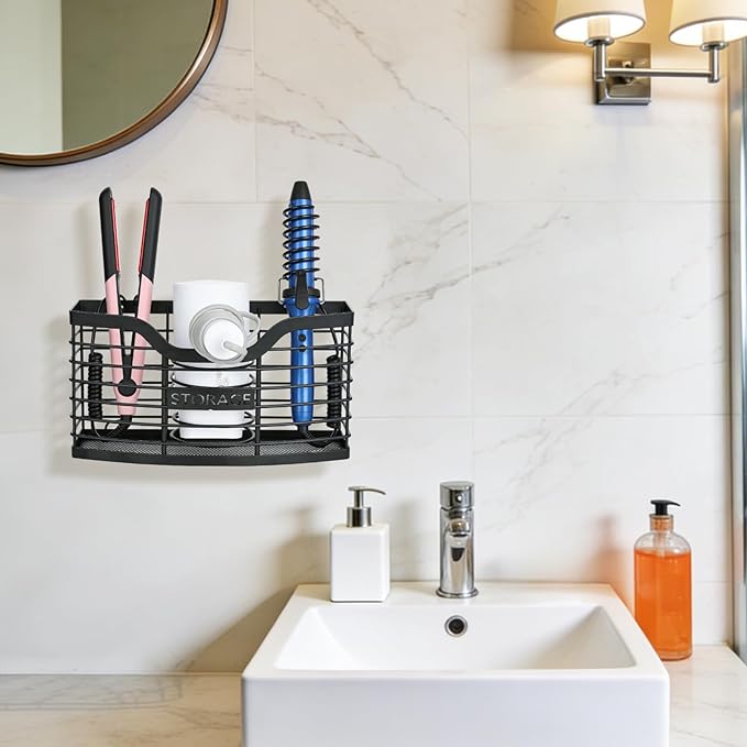 Hair Tool Organizer, Stainless Steel Hair Dryer Holder for Dresser, Bathroom Countertop & Cabinet Door, Wall Mount Storage Basket for Holding Hairdressing Curler, Blow Dryers, Shaver, Comb