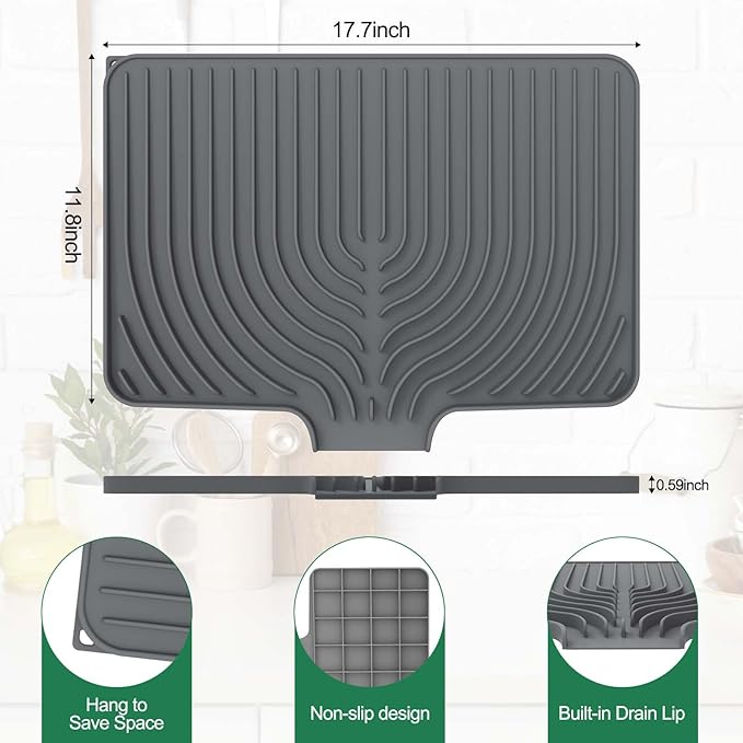 GUUKIN Silicone Dish Drying Mat,17.7" x 11.8 " Drying Matt Kitchen Counter, Dish Drying Rack Mat, Easy Clean Pad for Countertop Protection, Multi-Functional Use, Not applicable Bumps up sink (Grey)