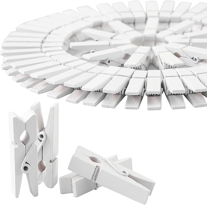 HSTECH 100 Pcs White Mini Natural Wooden Clothespins and 82 Ft Jute Twine, Baby Clothes Pins, 1.38in Craft Photo Clips for Home School Arts Crafts Decor, DIY Decoration's, Arts and Crafts, Weddings
