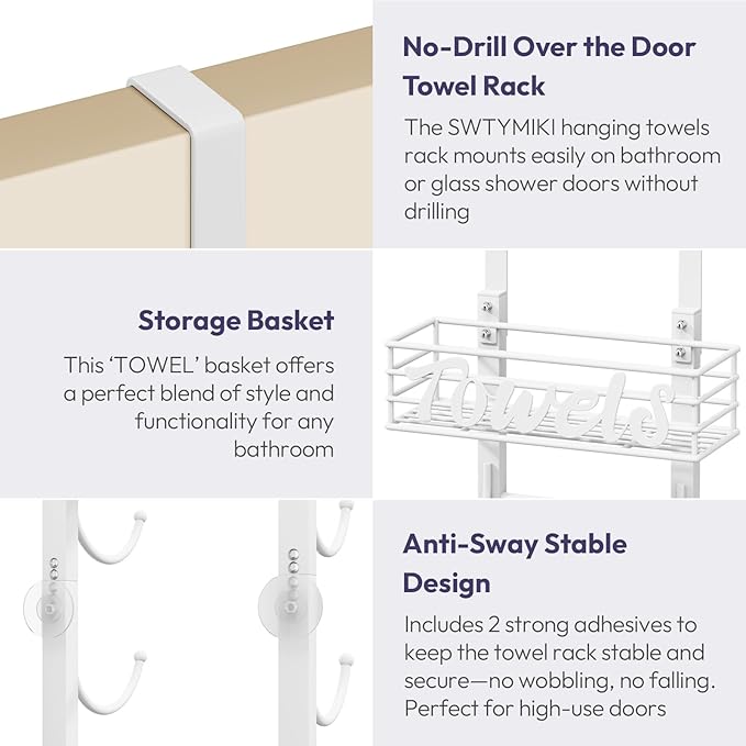 SWTYMIKI Hanging Towel Racks for Bathroom - 9 Tier Over The Door & Wall Mounted Bath Rolled Towel Storage Organizer Holder for Small Bathroom, RV, Camper, White (Patented)
