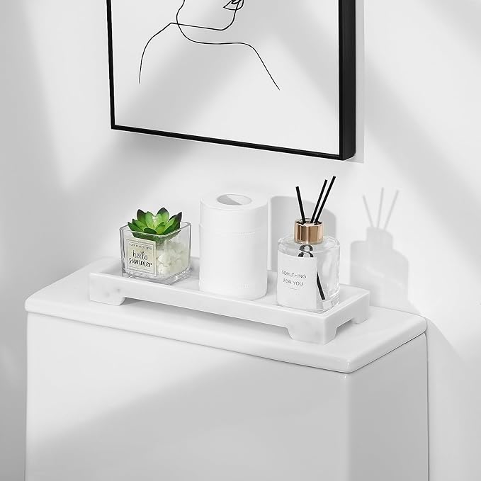Luxspire Bathroom Vanity Tray, Resin Toilet Tank Tray, Kitchen Trays, 11" x 4" Rectangle Bathroom Tray for Counter, Marble Tray for Soap Dispenser Perfume Jewelry, Small, White Marble