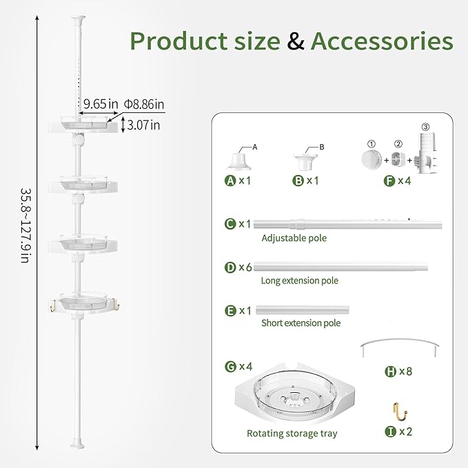 Shower Caddy Tension Pole with 4 L-Lazy Susan Organizer 360 Rotating 35-128 Inch No Drilling Floor Standing Shelves Adjustable Shower Rack for Bathroom Corner (White)