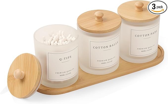 3 Pack Qtip Holder - Bathroom Organizers and Storage, Cotton Round Holder Cotton Swab Dispenser Cotton Ball Holder with Tray, Glass Apothecary Jars with Lids, Bathroom Containers for Floss Pick