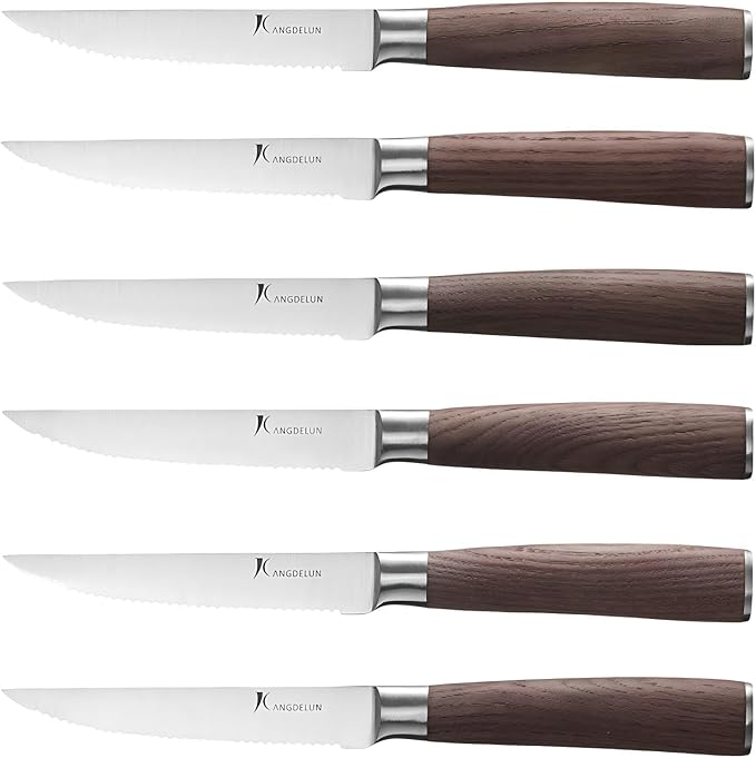 kangdelun Ultra Sharp 6-Piece Steak Knife Set, 4.5" Serrated Blades, 50Cr15MoV High-Carbon Stainless Steel, Torrefied Natural Ash Wood Handles, Magnetic Gift Box