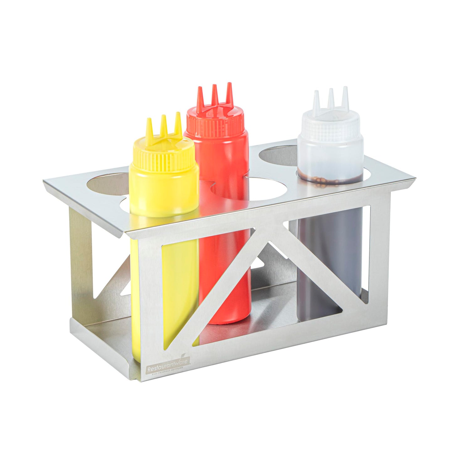 Restaurantware Squeeze Bottle Holder 1 Count 6.30 x 7.01 x 6.26 Inches Stainless Steel Condiment Organizer - Four-Hole Durable Kitchen Rack - Silver Prep Station Organizer
