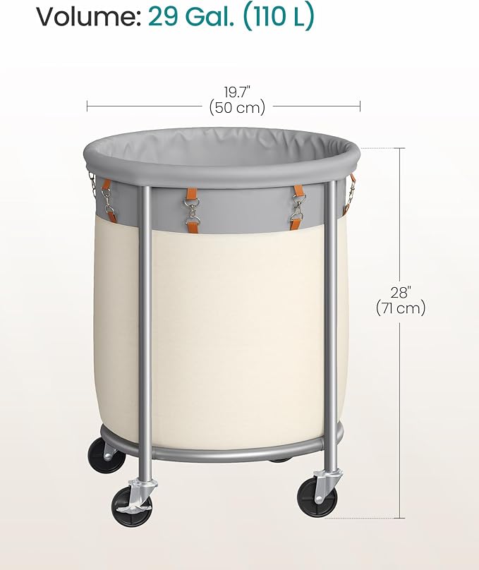 SONGMICS 29-Gallon (110 L) Laundry Basket with Wheels, Rolling Round Heavy-Duty Laundry Hamper Cart with Steel Frame and Removable Bag, 2 Locking Wheels, Dove Gray and Cream White URLS002GD02