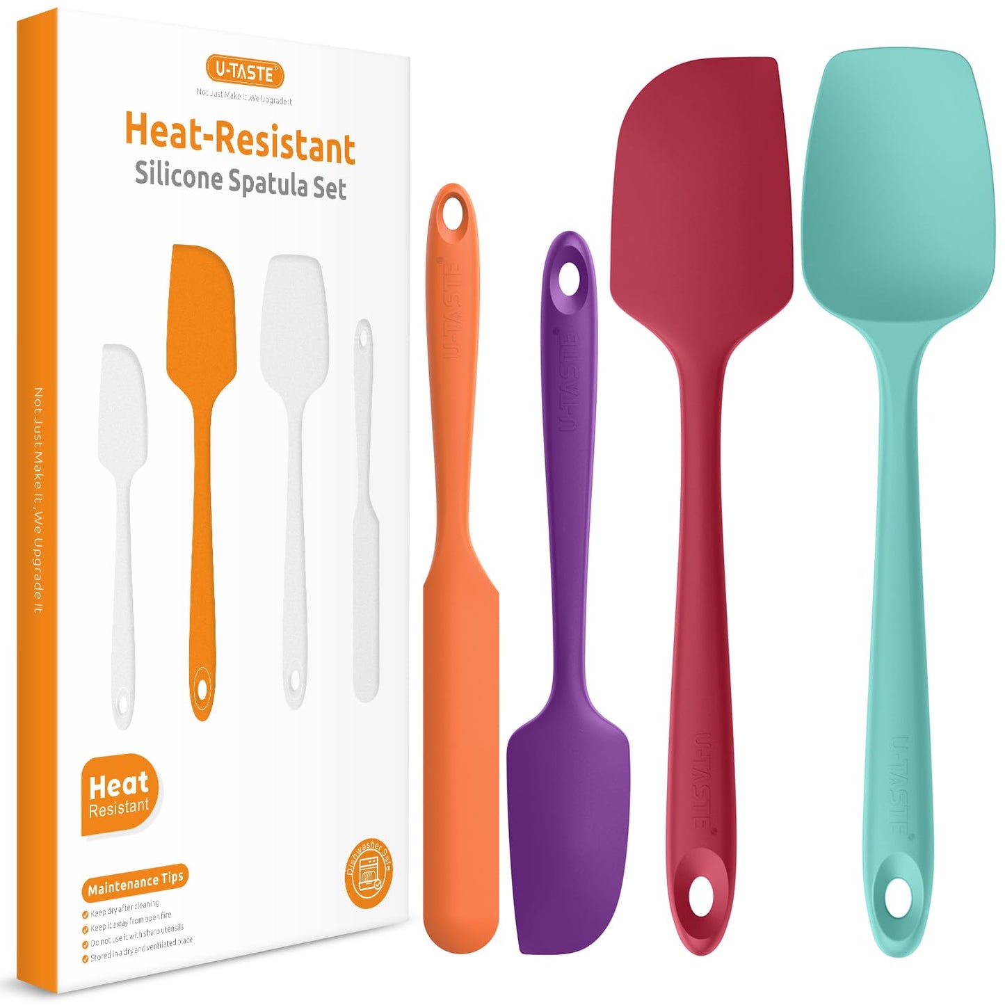 U-Taste 600°F Heat Resistant Food Grade Silicone Spatula, 4-Pcs, Multicolor