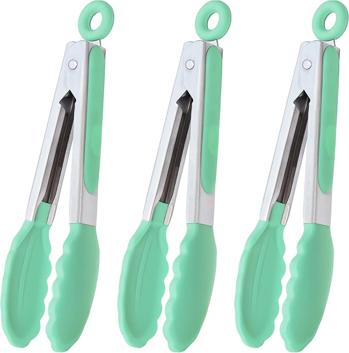 HINMAY Small Silicone Tongs 7-Inch Mini Serving Tongs, Set of 3 (Black Gray White)