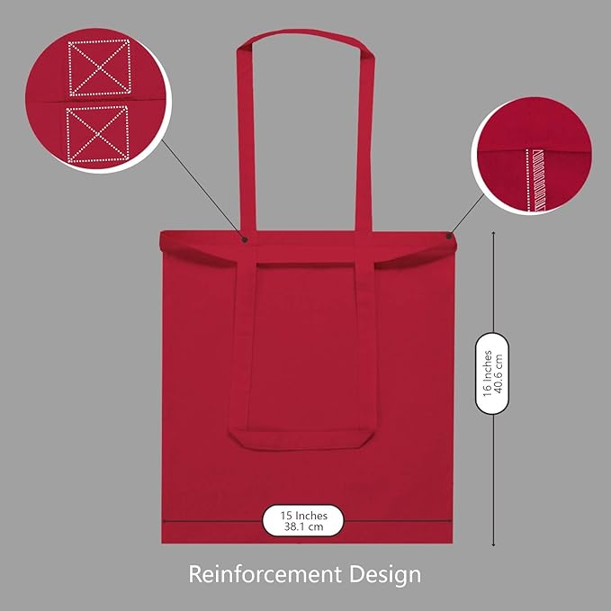 TOPDesign 12-Pack Economical 16"x15" Red Cotton Tote Bag, Lightweight Medium Reusable Grocery Shopping Cloth Bags, Suitable for DIY, Advertising, Promotion, Gift, Activity
