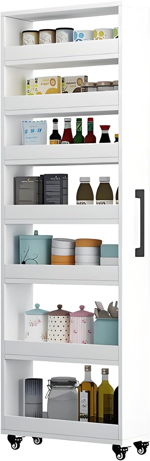 MINGRUIYU 7-Tier Slim Storage Cart, Wooden Rolling Pantry Cabinet with Wheels, Narrow Shelf Organizer for Kitchen, Bakers Rack, Dining Room, Closet, Small Spaces Teak 73.2''H*9.8''W*19.6''D