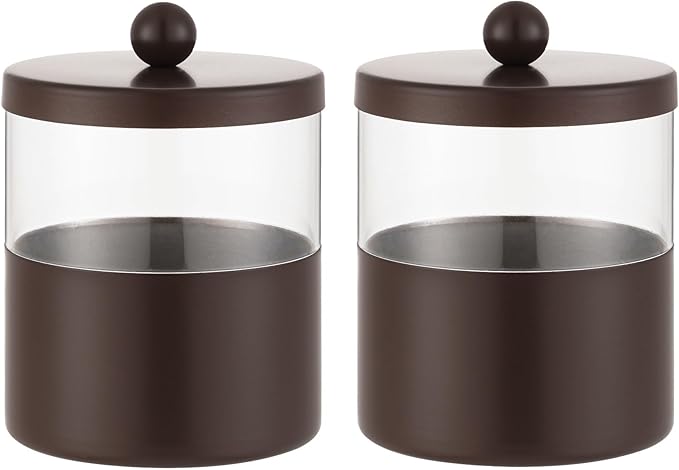 Gaussra Chocolate Brown Qtip Holder, Bathroom Jar - Stainless Steel Apothecary Jars with Stickers - Farmhouse Decor Qtip Dispenser for Qtips, Cotton Balls, Swabs, Makeup Sponges (2-Pack)