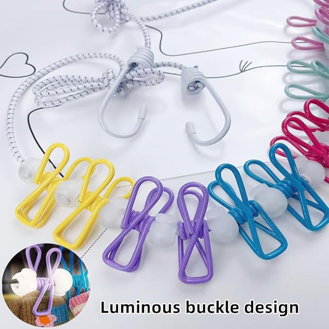 Retractable Travel Clothesline，Portable Clothesline Clothing line with 12 Clothes Clips， for Indoor and Outdoor Laundry Drying line，Outdoor Camping Accessories - with Luminous Buckle (White)