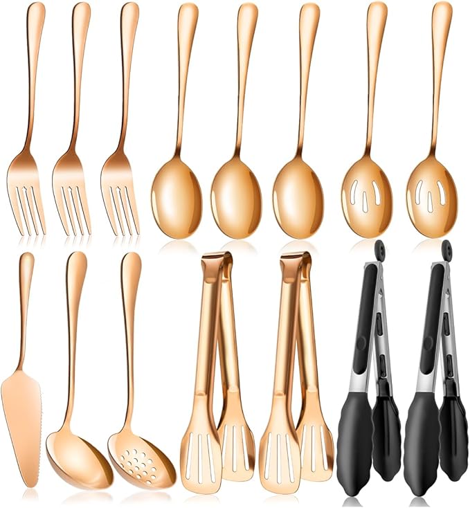 Rainbow Serving Utensils Set Stainless Steel, 15pcs Large Metal Serveware Serving Spoons, Slotted Spoons, Forks, Tongs, Soup and Skimmer Spoon, Cake Server for Partie, Buffet, Catering, Entertaining