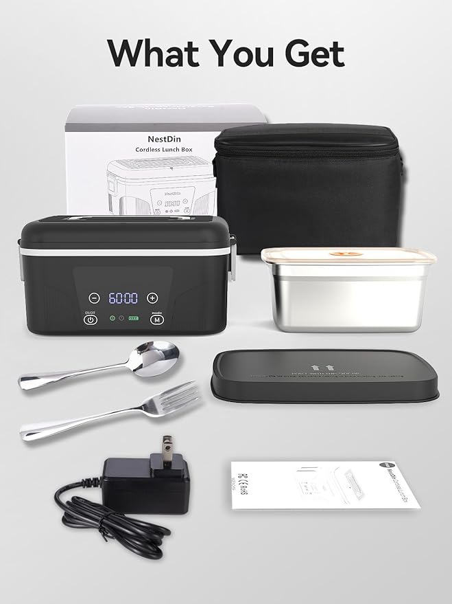 Cordless Heated Lunch Box: 1.4L Electric Lunch Box With Battery Powered, Custom Heating Time and Preset Heating Function for Adult - Portable Food Warmer for Office, Travel, Outdoor