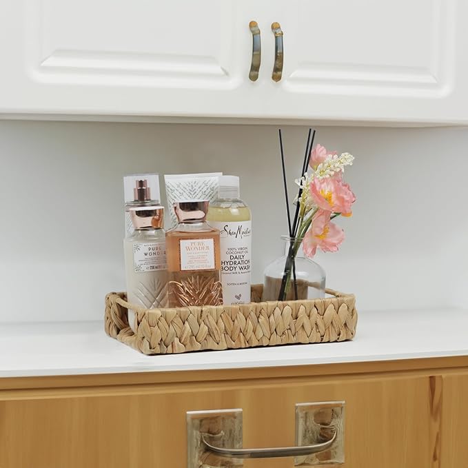 Bathroom Tray, 11 Inch Water Hyacinth Vanity Tray with Handle, Small Wicker Basket for Bathroom Toilet Tank Countertop, Wicker Bathroom Trays for Counter Decor