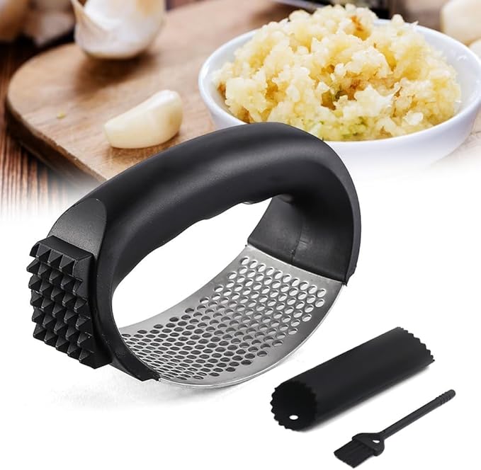 Garlic Press Rocker Stainless Steel, Garlic Crusher with Peeler & Cleaning Brush, Easy to Use Garlic Mincer for Kitchen Cooking, Ergonomic Garlic Chopper Tool, Durable Garlic Presser Gadget (Green)