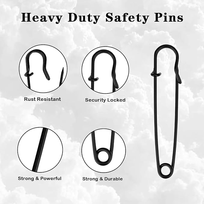 15Pcs Large Safety Pins, 2‘’ Heavy Duty Steel Safety Pins for Clothes, Ideal for Leather, Canvas, and Wool, Sharp Tip for Secure Hold, Perfect for Clothing, Diapers, Blankets, and More, Black