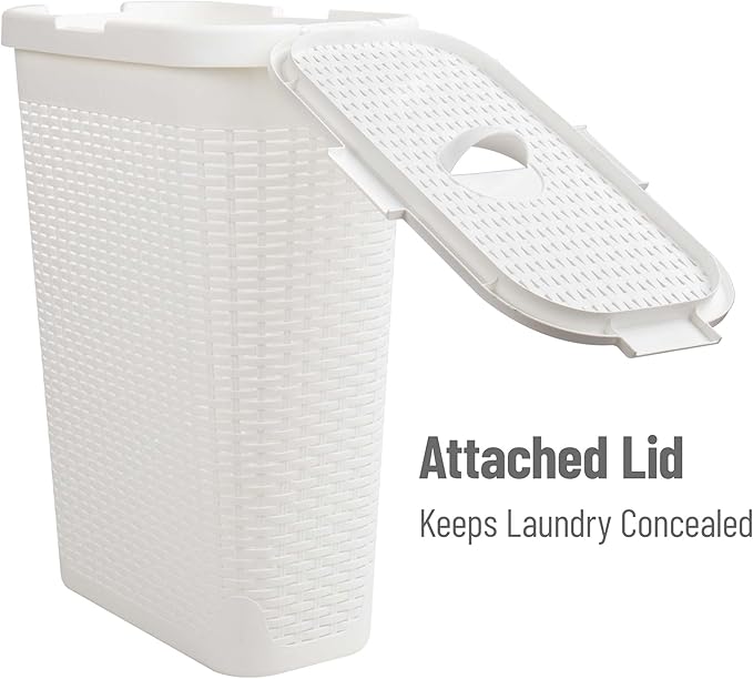 Mind Reader Slim Laundry Hamper with Lid, 40L Clothes Basket, Premium Wicker Design, Plastic, Set of 2, White