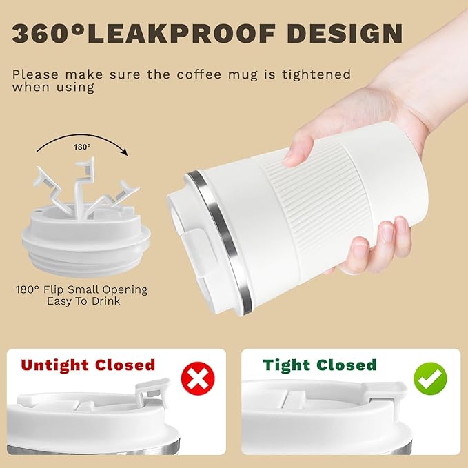 Vacuum-Insulated Stainless Steel Travel Coffee Mug, Leak-Proof Reusable Coffee Cup with Lid - Keep Hot & Cold Drinks for Hours, Durable Insulated Tumbler for Men & Women(3rd-White, 12OZ)