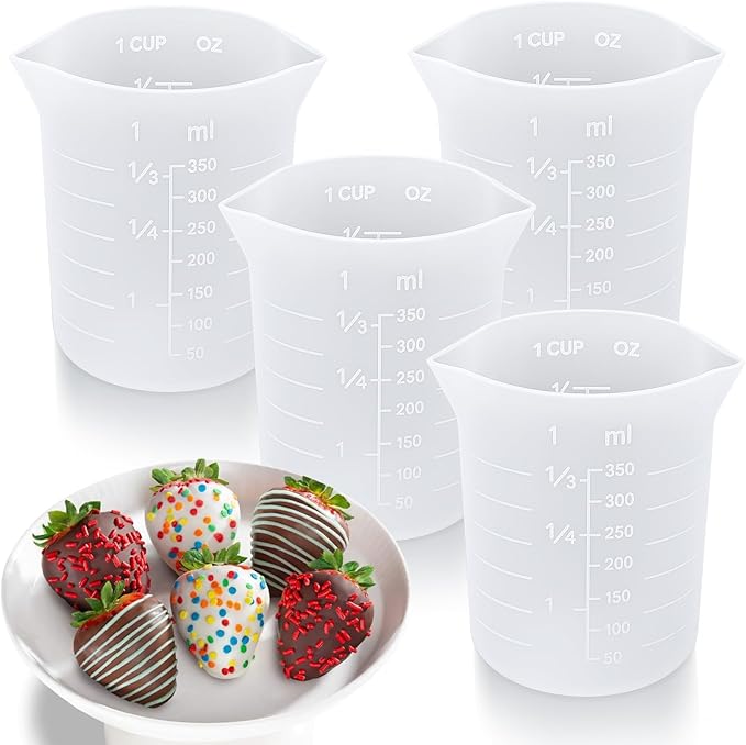 Palksky Silicone Chocolate Melting Cup Set with 4 Silicone Measuring Cups (250ml & 350ml) and 4PCS Heat-Resistant Jar Spatulas, Non-Stick Baking Tools for DIY Chocolate, Butter & Cream Mixing