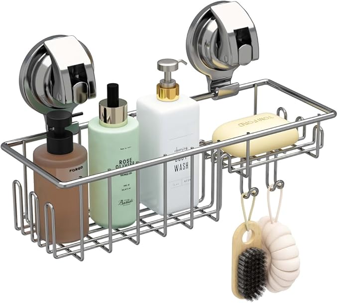 Suction Cup Shower Shelf, Shower Caddy Soap Dish with Hooks for Sponge, Rust Proof 304 Stainless Steel, Silver