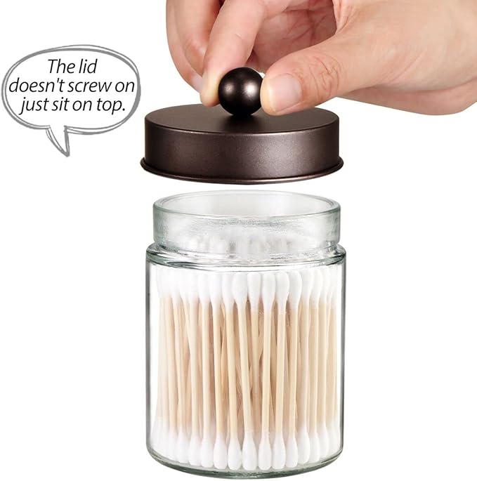 Apothecary Jar Canisters Bathroom Vanity Organizer - Qtip Holder Storage Organizer Countertop -Stainless Steel Lids &Cute Stickers for Qtips,Cotton Swabs,Makeup Sponges,Floss(3 Pack) (Bronze)