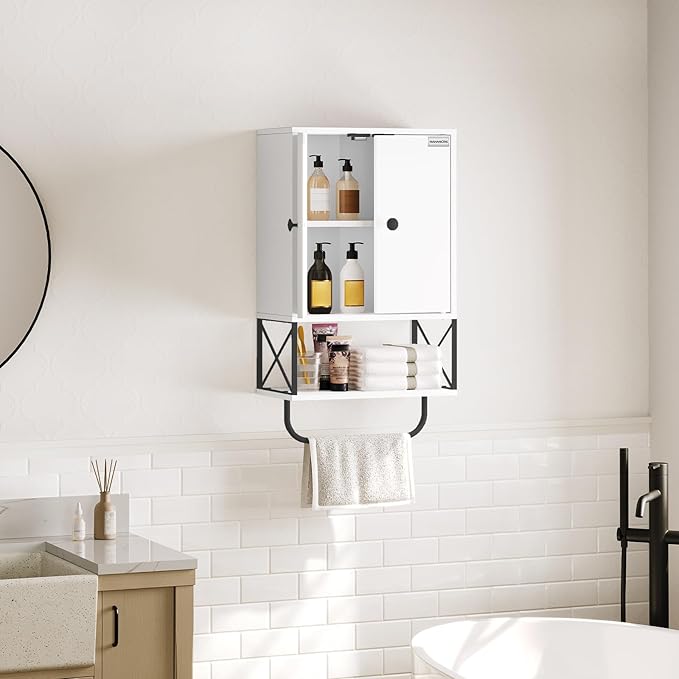 Bathroom Wall Cabinet with 2 Door and Adjustable Shelf, Farmhouse Medicine Cabinet with Towel Rack, 3-Tier Wall Mounted Storage Cabinet Over The Toilet for Bathroom Laundry Room, White