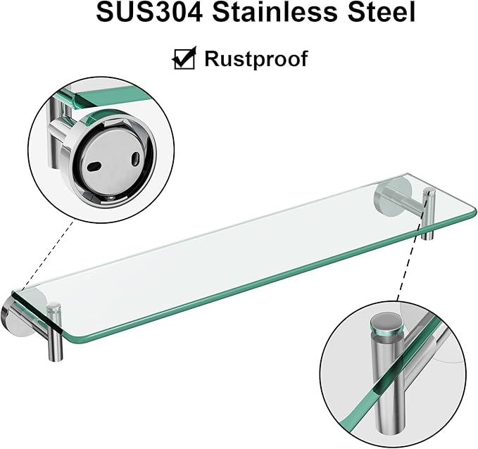 Glass Shelves for Bathroom,16-Inch Chrome Polished Floating Bathroom Shelf Stainless Steel Tempered Glass Shelf Modern Shelves Wall Mounted