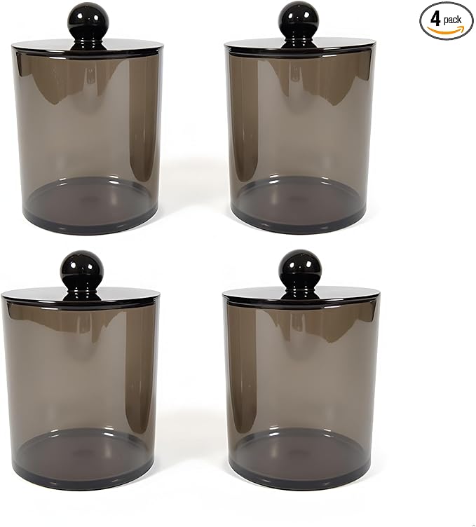WEISHI 4 Pack Qtip Holder Dispenser - Cotton Ball, Swab, Round Pads, Floss , Small Plastic Apothecary Jar Containers with Lids for Bathroom Storage and Organization, Vanity Organizer ( Black )