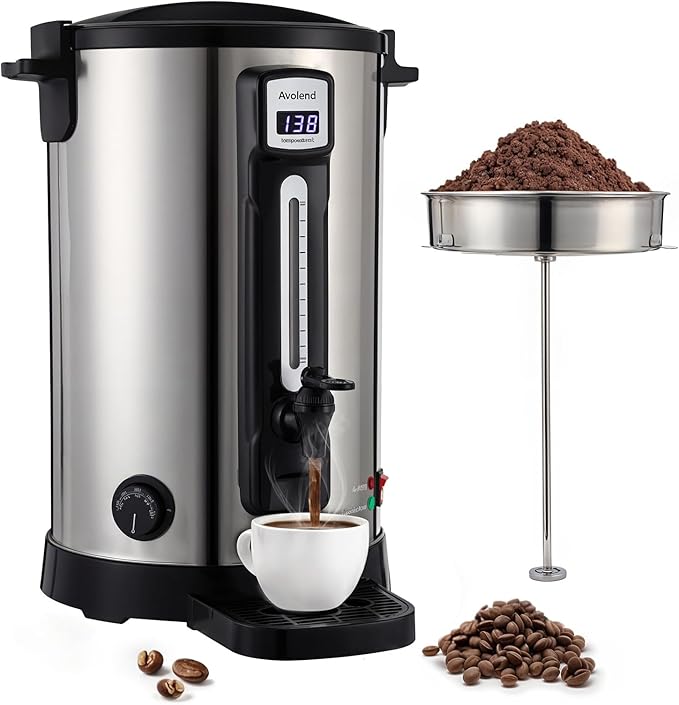 Avolend 50-Cup Commercial Coffee Urn, Double-Wall Stainless Steel Coffee Maker with Adjustable Temperature Control & Keep Warm, 10L Large Coffee Pot for Catering, Events, and Offices
