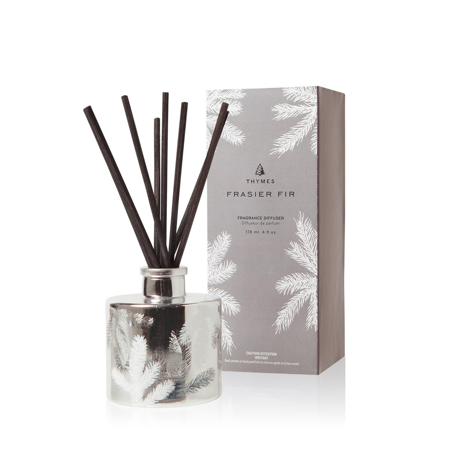 Thymes Frasier Fir Reed Diffuser Set – Includes Reeds, Fragrance Oil, and Frosted Glass Bottle – Fragrance Oil Diffuser – Room Fresheners – Luxury Home Decor – Silver (Statement, 4 fl oz)