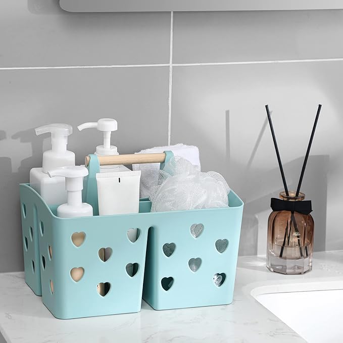 Portable Shower Caddy Plastic Shower Basket Organizer Divided Bathroom Caddy Storage Cleanning Caddy Tote with Handle for College, Dorm Room, Kitchen, Blue