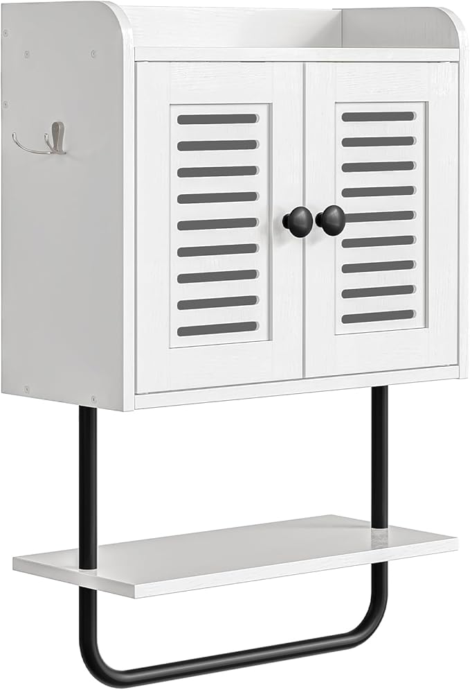 HOOBRO Medicine Cabinet, Double Doors Bathroom Wall Cabinet with Towel Bar, Adjustable Shelf, 2 Hooks, Over The Toilet Storage Cabinet, for Bedroom, Kitchen, White BW46CW01