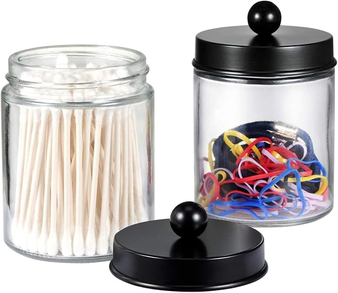 Amolliar Apothecary Jars Bathroom Storage Organizer - Cute Qtip Dispenser Holder Vanity Canister Jar Glass with Lid for Cotton Swabs,Rounds,Bath Salts,Makeup Sponges,Hair Accessories/Black（2 Pack）