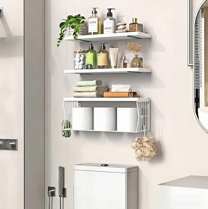 Floating Bathroom Shelves Wall Mounted - Wooden Shelf Set of 3 for Over Toilet Storage & Modern Bathroom Decor - Perfect Shelving Organizer for Apartments RVs Powder Room Restroom - White