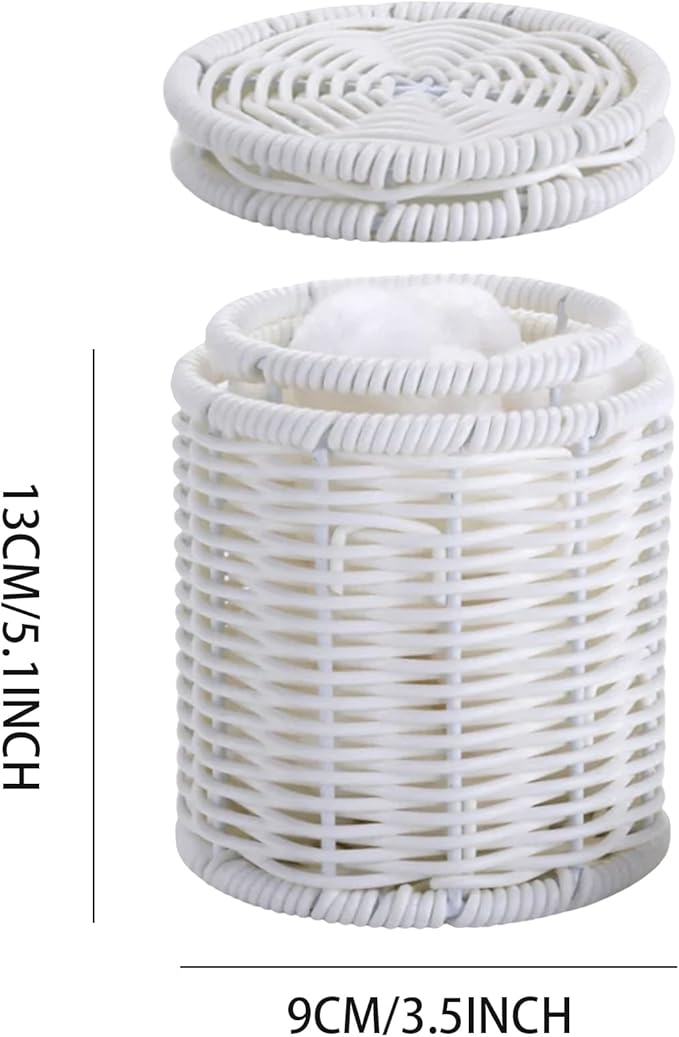 Rattan Jars,Decorative Storage Boxes with Lids,Rattan Bathroom Accessories,Rattan Desk Organizer,for Office,Dressing Table,Dental floss picks, cotton swab holders Home Decoration,White（DP056）