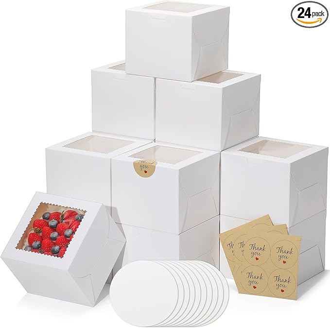 EQOREIIN 24Pack 8 inch Small Cake Boxes with Cake Board and Stickers