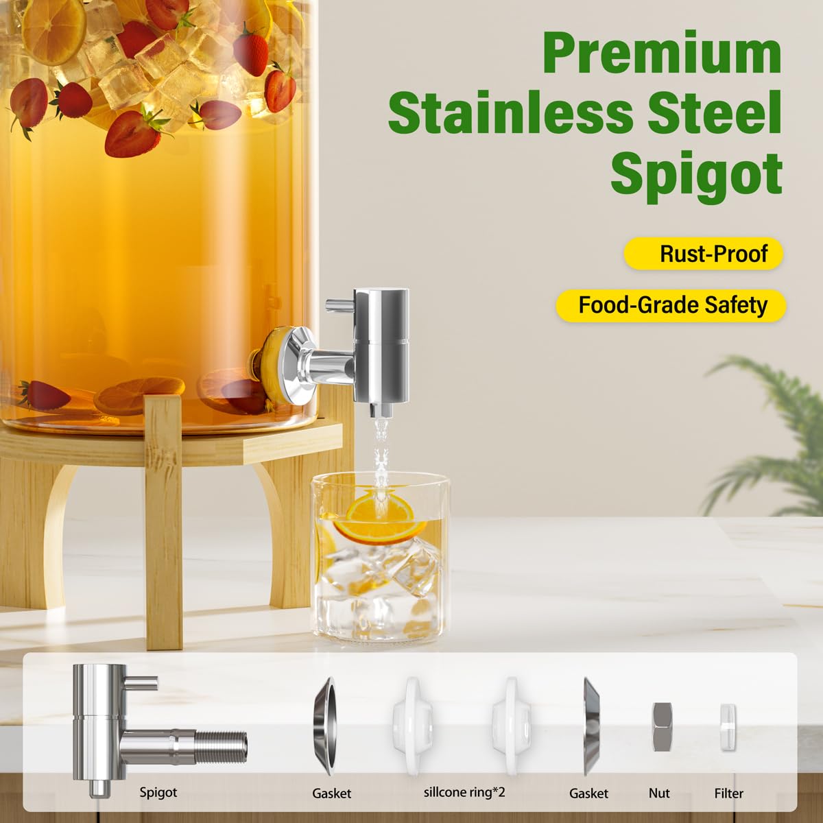 VOVUVK 1 Gallon Glass Drink Dispenser For Parties, Beverage Dispenser With Bamboo Wood Stand And Stainless Steel Spigot, Countertop Water Dispenser, Lemonade Dispenser For Wedding, Picnic (2PACK)