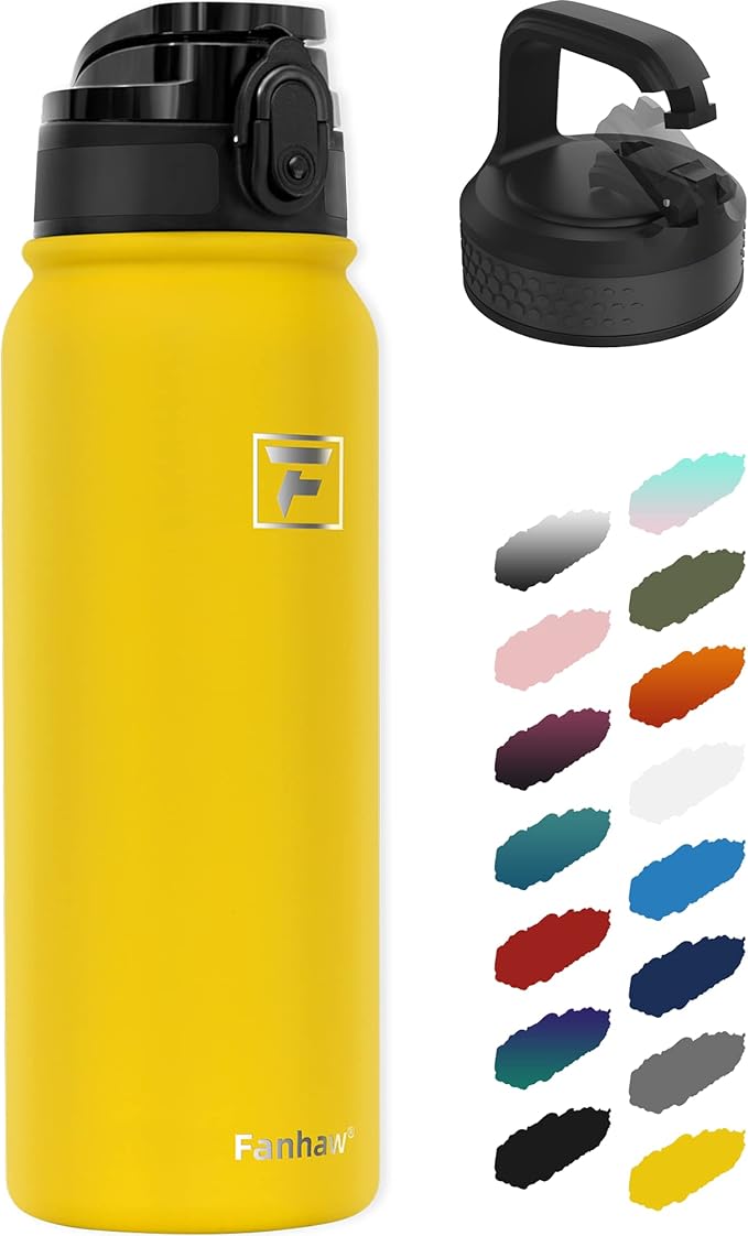 Fanhaw 20 oz Insulated Stainless Steel Water Bottle with Anti-Dust Chug Lid & Carabiner Lid, Leakproof Vacuum Metal Bottle for Kids, Women & Men (Yellow)