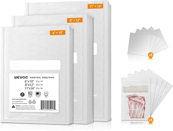 Wevac Vacuum Sealer Bags, Multiple Sizes, 200Pack Precut Bags, 6 Vac Rolls