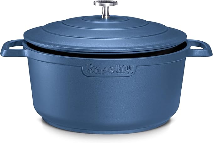 INSETFY Large Dutch Oven Pot with Lid-7.5QT Cast Aluminum Oven Pot with Two Handles Lightweight for Bread Baking Braising and Roasting(Blue)