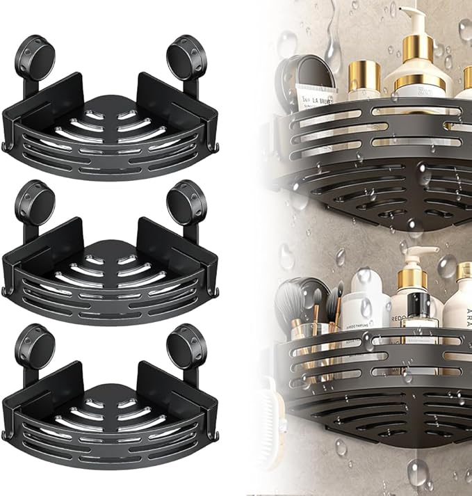 Triangle Suction Cup Corner Shelves, 2026 No Drilling Bathroom Storage Rack, Corner Shower Shelf Suction Cup Shower Caddy Corners Organizer Storage Rack Adhesive with Towel Bar (black, three-layer)