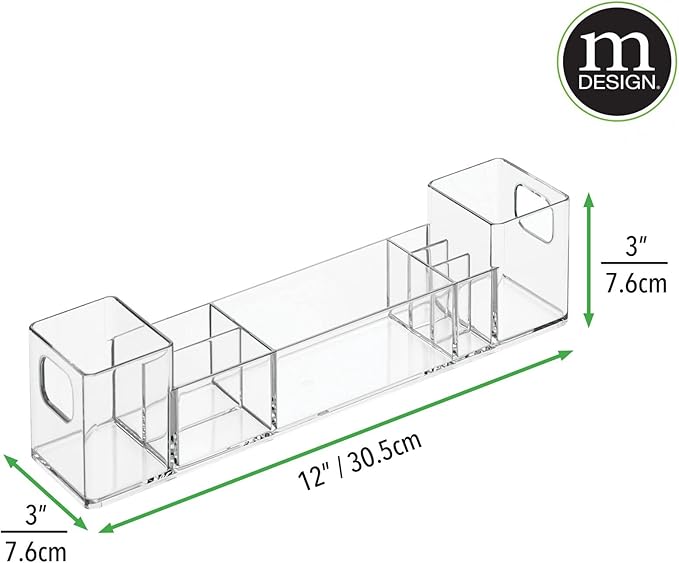 mDesign Plastic Bathroom Medicine Cabinet Organizer with Handles - Divided Vanity Storage Holder/Container for Cotton Swabs, Makeup, Bathroom Essentials/Toiletries, Lumiere Collection, 2 Pack - Clear