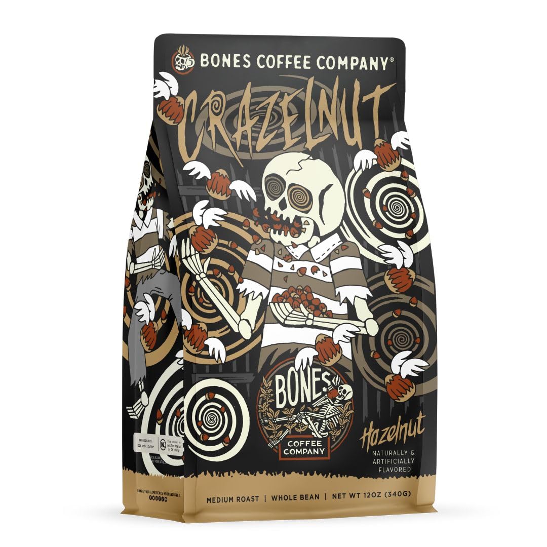 Bones Coffee Company Jamaican Me Crazy, Vanilla Caramel Flavored Coffee, Medium Roast Low Acid Arabica Beans Compatible with Auto drip and French Press Coffee Maker, 12 Oz Whole Bean