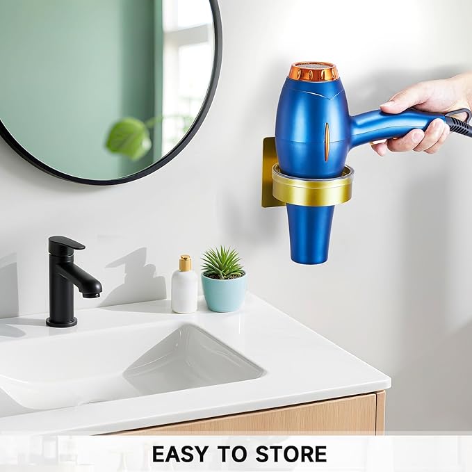Hair Dryer Holder Wall Mounted, Blow Dryer Holder, Hair Tool Organizer for Hair Dryer Storage Hanger, Adhesive Hairdryer Holder for Bathroom Barber Shop (Gold)