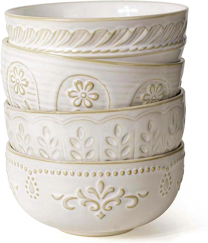 Artena Small Bowls Set of 4, 12 oz Ceramic Embossment Dessert Bowls, white Bowl for Kitchen, Ice Cream, Side Dishes, Rice, Cereal, Fruit, 4.5 Inch, Microwave & Dishwasher Safe, Wheat Leaf