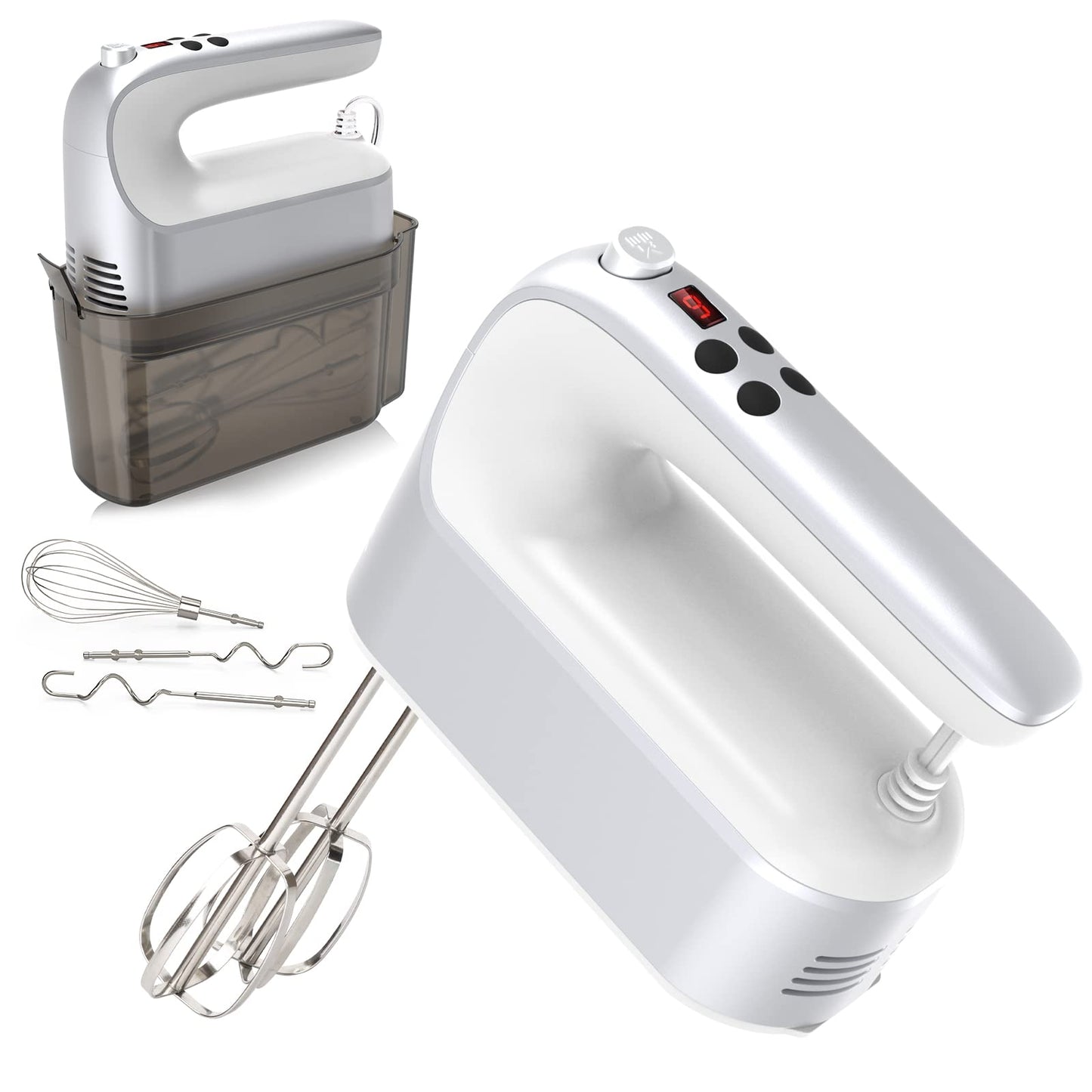Yomelo 9-Speed Digital Hand Mixer Electric, 400W Powerful DC Motor, Hand Mixer Electric Handheld with Snap-On Storage Case, 5 Stainless Steel Accessories, Beaters, Dough Hooks, Whisk(White/Black)