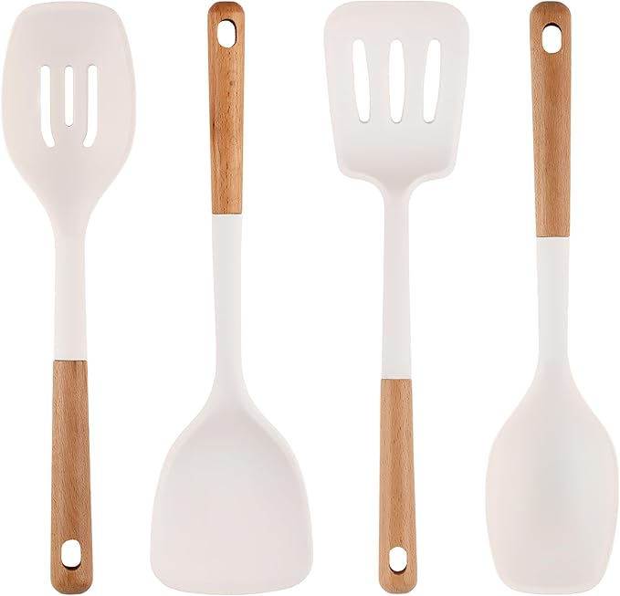 IOCBYHZ Silicone Cooking Utensils Set 5Pcs Non-Stick Silicone Kitchen Utensils for Cooking, Heat Resistant Kitchen Gadgets Spatula Spoon Turner Set with Wooden Handles for Non-Stick Cookware BPA Free